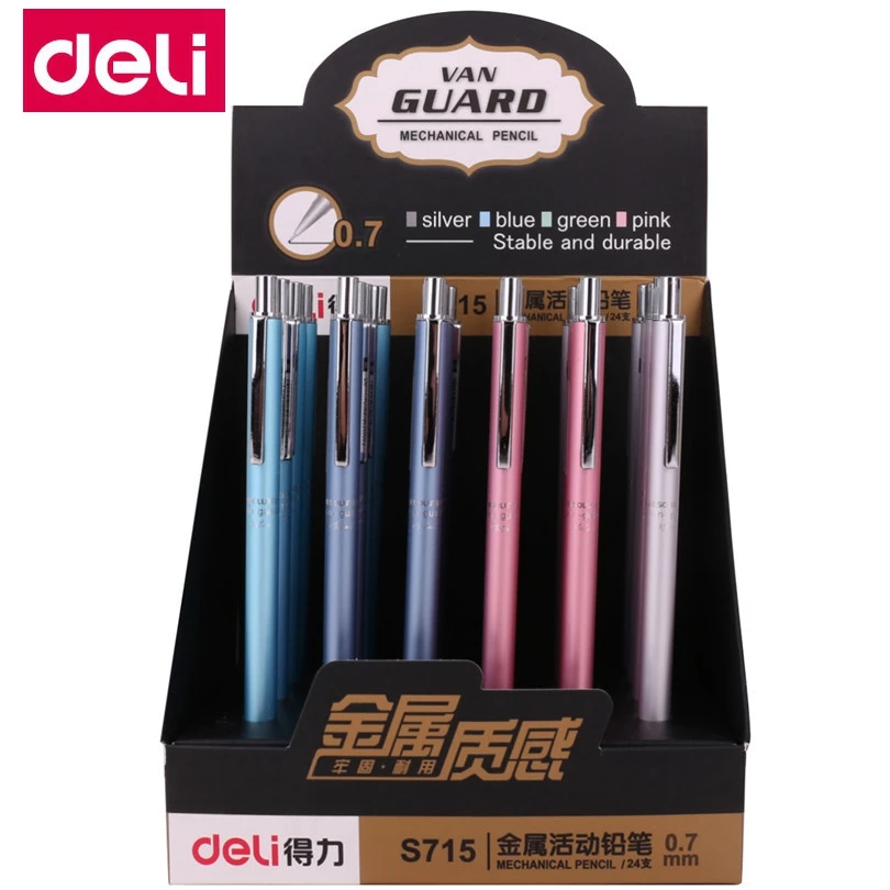 

24PCS/LOT Deli S715 Mechanical Pencil 0.7mm Auto pencil Metal case pencial 4 colors Top brand Deli