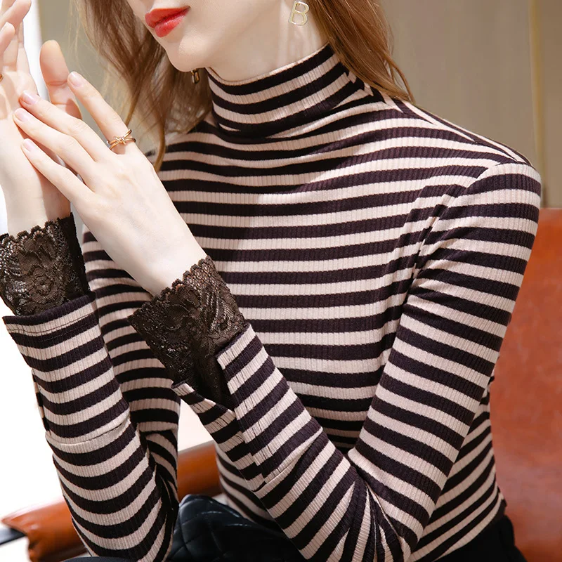 

1654 Fall Winter Women Long Sleeve t-Shirt Striped Lace Slim Fit Half-Height Collar Elegant Office Lady Versatile Basic Tops