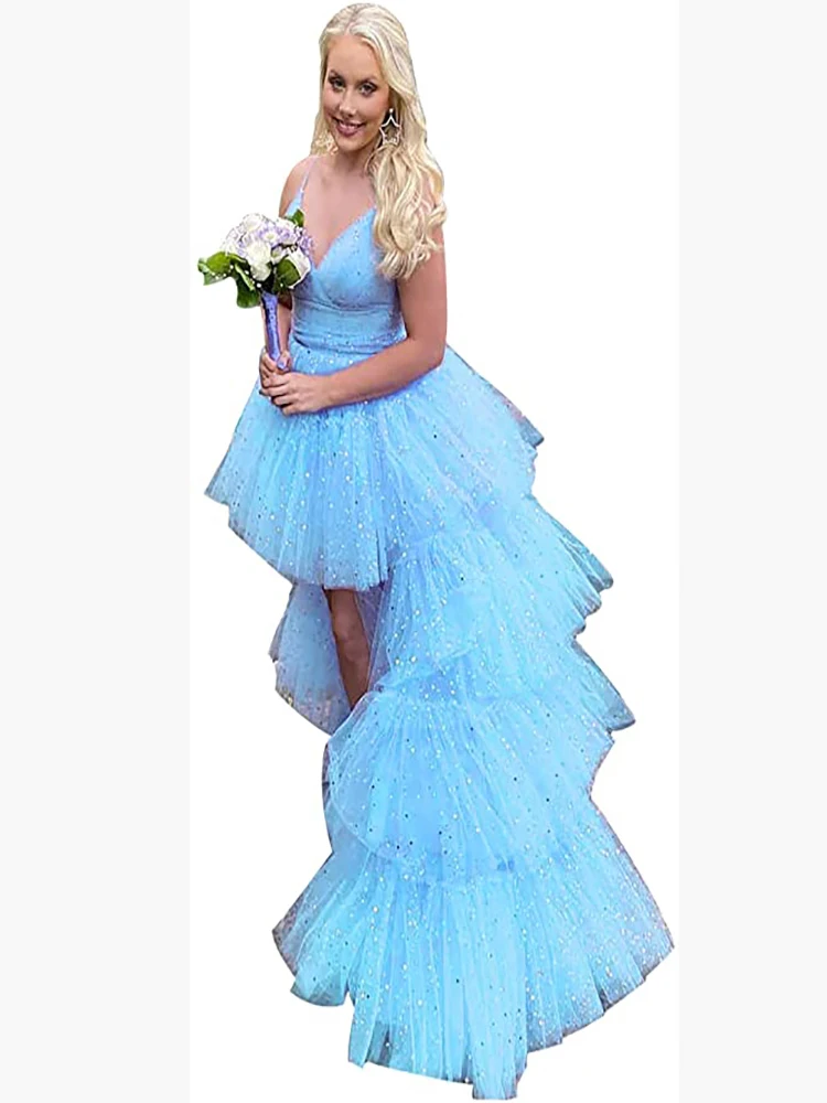 Frauen Lange Tüll High Low Abendkleid für Party Tiered Spaghetti Strap Prom Ballkleider Pailletten Hochzeit Kleidung