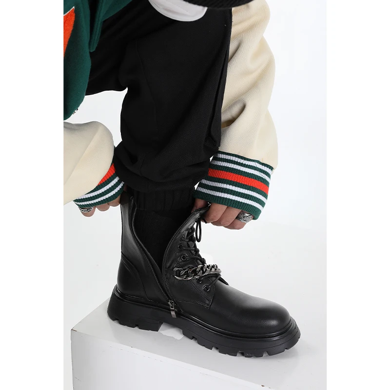 European Punk Mortocycle Boots Men's Winter Fashion  Metal Chain Thick-sole Cool Boy Heighten Shoes