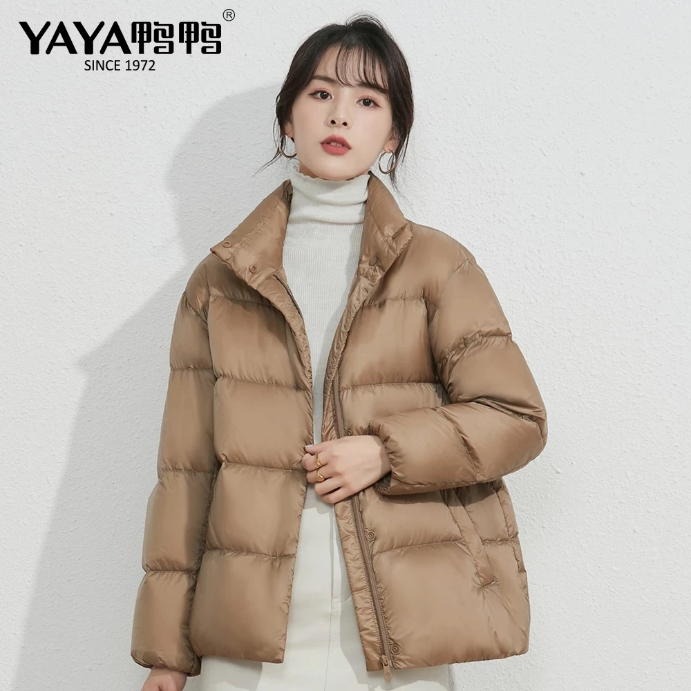 

YAYA 2021 Spring New High Quality Women's Duck Down Jacket Lightweight Thin Short Hooded Warm Solid Color Outerwear