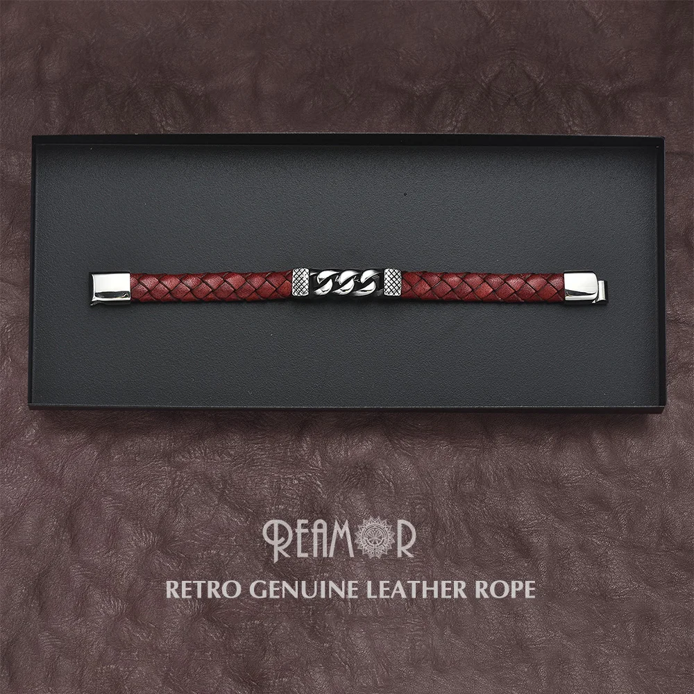 REAMOR Classic Stainless Steel Bracelets & Bangles Men's Fashion Red Genuine Leather Bracelet Wristbands Gift Male Jewelry
