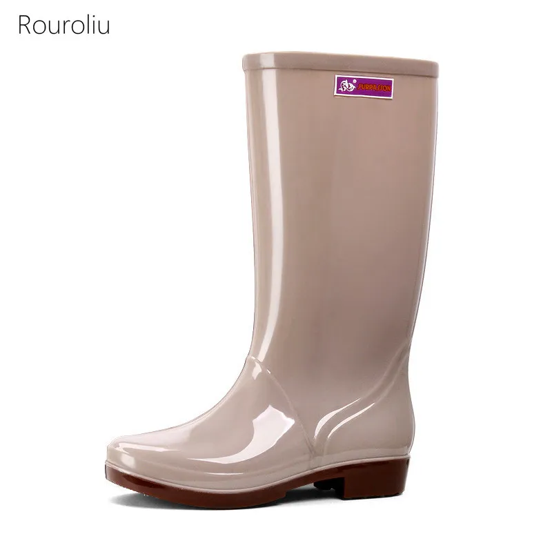 Botas de lluvia hasta la rodilla cálidas de felpa para invierno, botines de agua a media pantorrilla, calzado impermeable de Color sólido