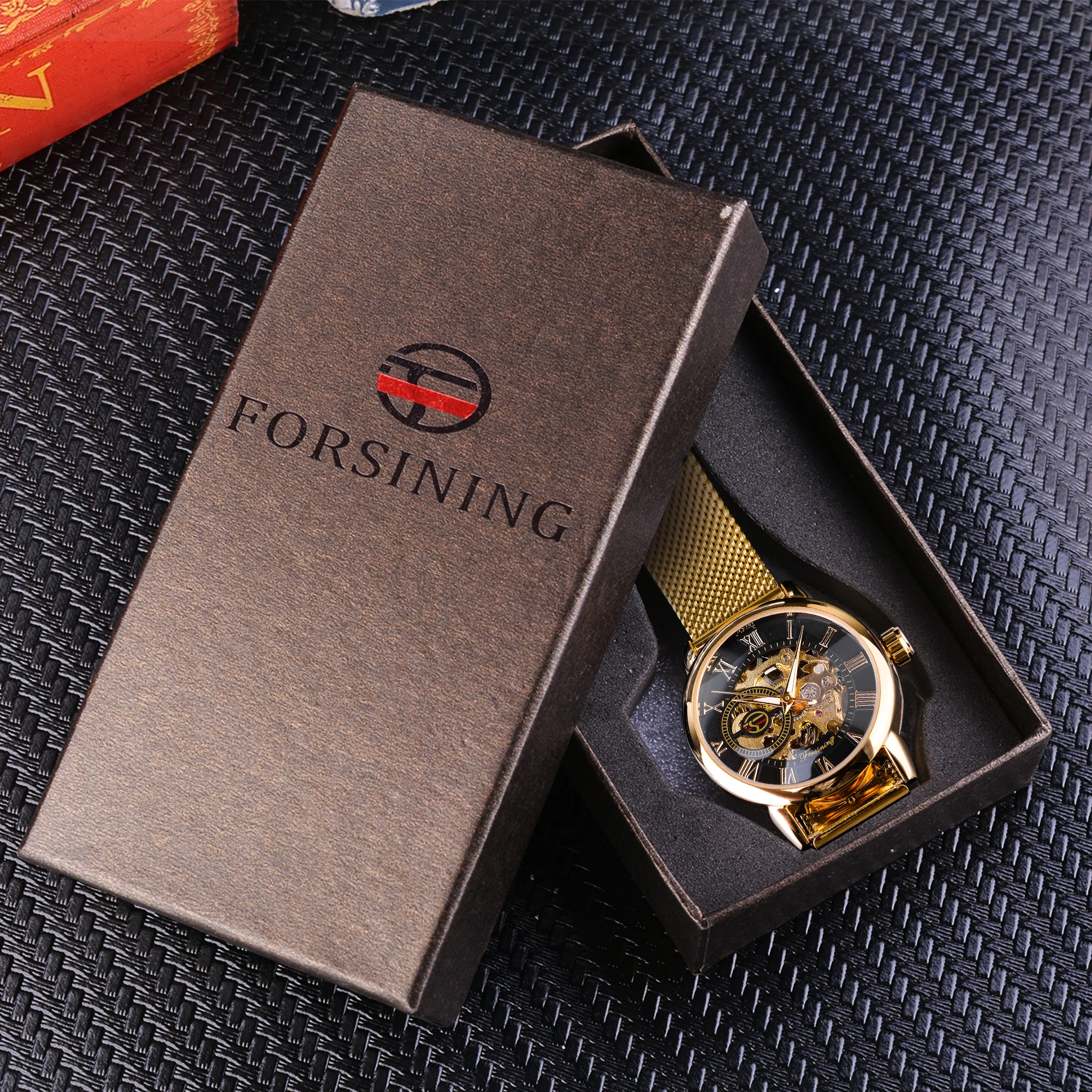 Forsining Fashion Luxury Rose Golden Skeleton Women Mechanical Watch Roman Numerals Transparent Watches Stainless Steel Clock