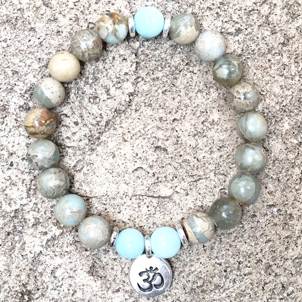 Ruberthen 8 MM Aqua Terra Jasper Bracelet Natural Gemstone Beaded Bracelet Ohm Charm Yoga Bracelet Womens Mala Bracelet