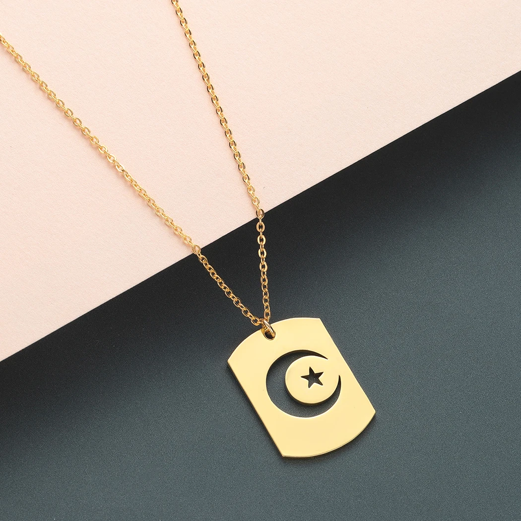 CHENGXUN Crescent Moon and Star Pendant Necklace for Women Men Islamic Muslim Dog Tag Charm Choker Chain Couple Birthday Jewelry