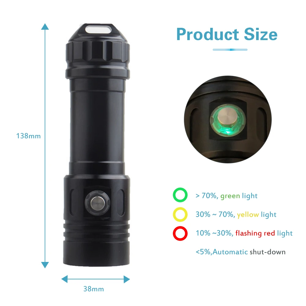 Asafee Flashlight L2/XHP50/70 LED Diving Flashlight 2000LM Rechargeable flashlight IPX8 Waterproof Torch Diving Lantern