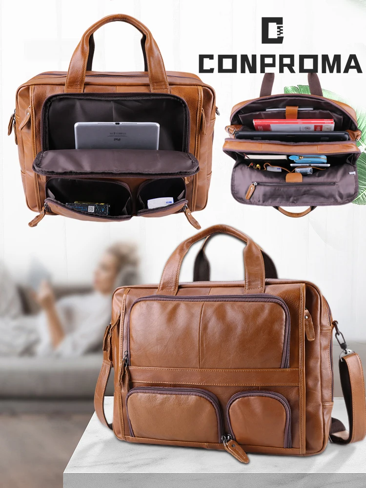 Torba na laptopa Prawdziwa skórzana teczka męska 15,6 17-calowa torba biznesowa Vintage Męska duża torba na ramię Torba podróżna Huawei Air Pro — zdjęcie 2