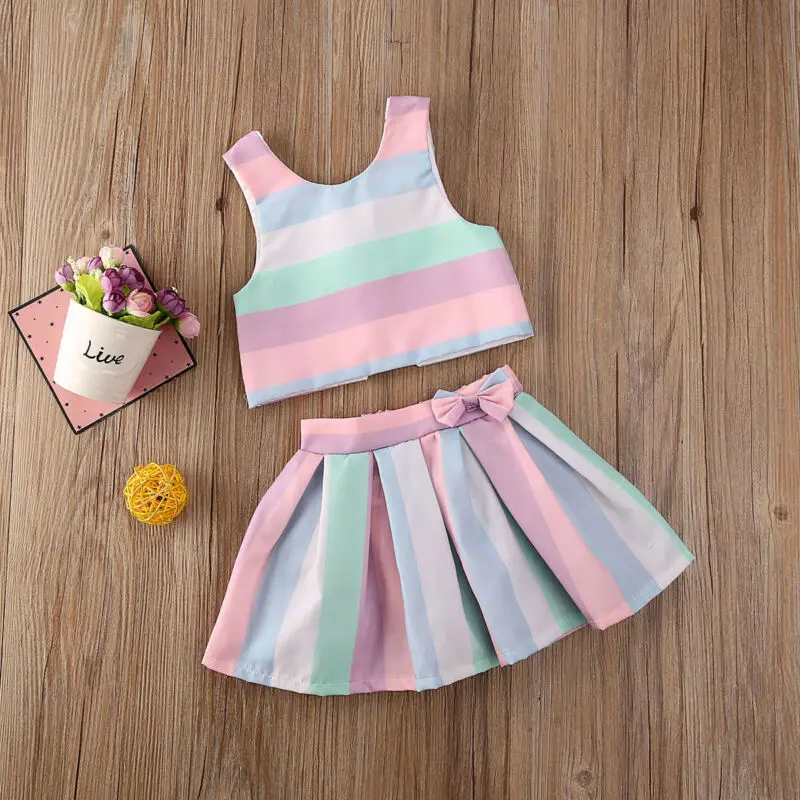 Cute Toddler Infant Baby Girl Clothes Set Rainbow Striped Sleeveless Vest Tops Tutu Princess Skirts Party Outfits Summer Suits