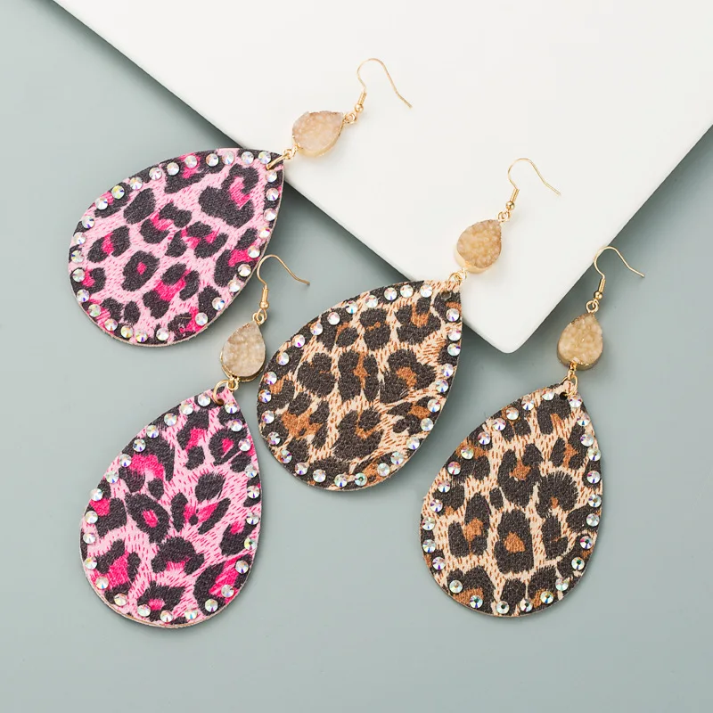 New Creative Euramerican Bohemian Style Leather Leopard-Print Paste Crystal Dangle Earrings For Women Girls Fashion Jewelry