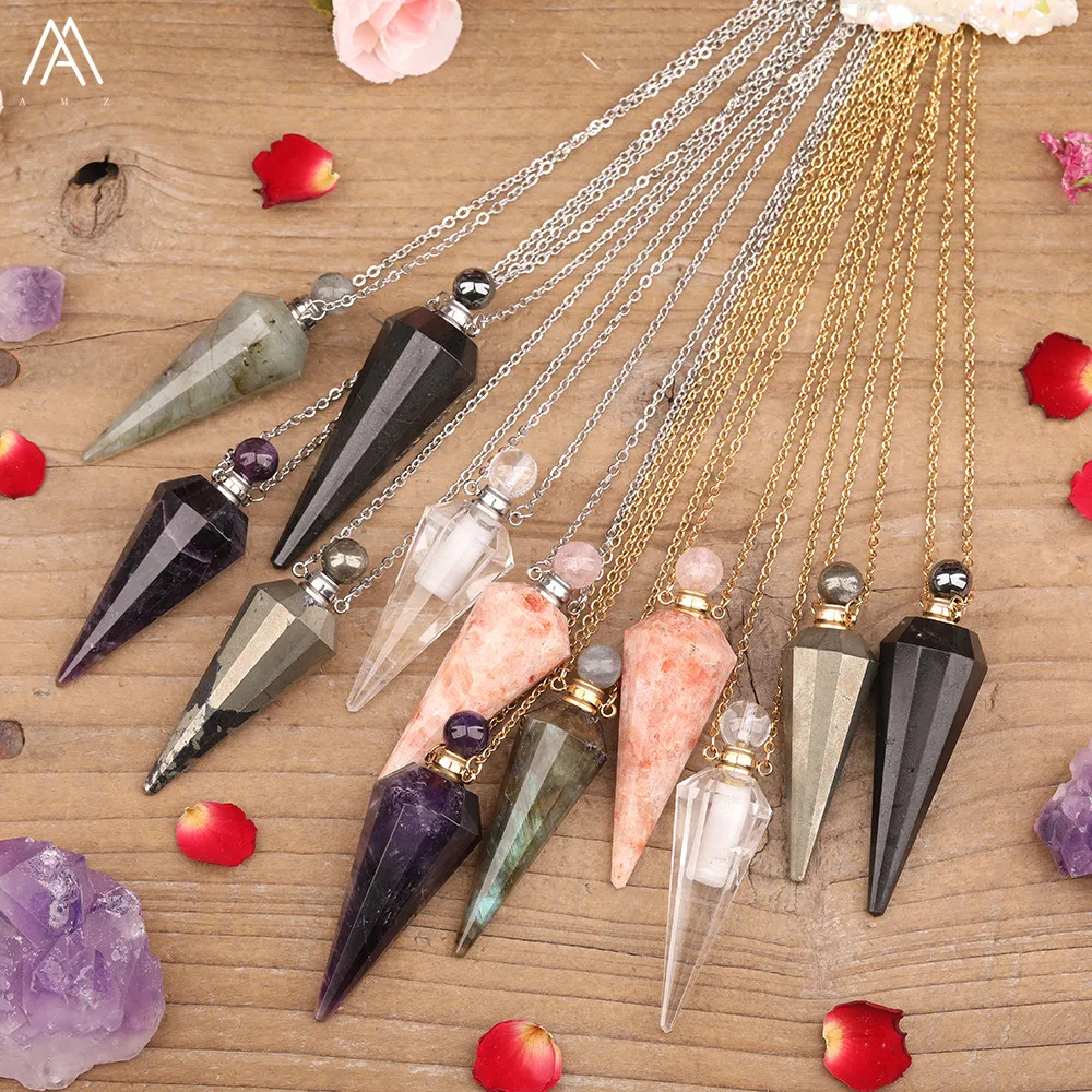 Faceted Gems Stones Pendulum Perfume Bottle Pendant Jewelry Healing Reiki Women Diffuser Vial Chains Necklace Jewelry Dropship