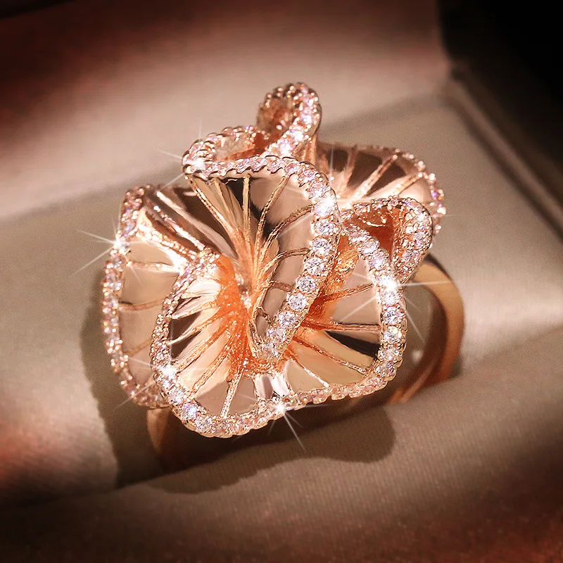 2020 Newest Orange Stereo Camellia Ring Creative Rose Gold Ring for women wedding party ring jewelry gift