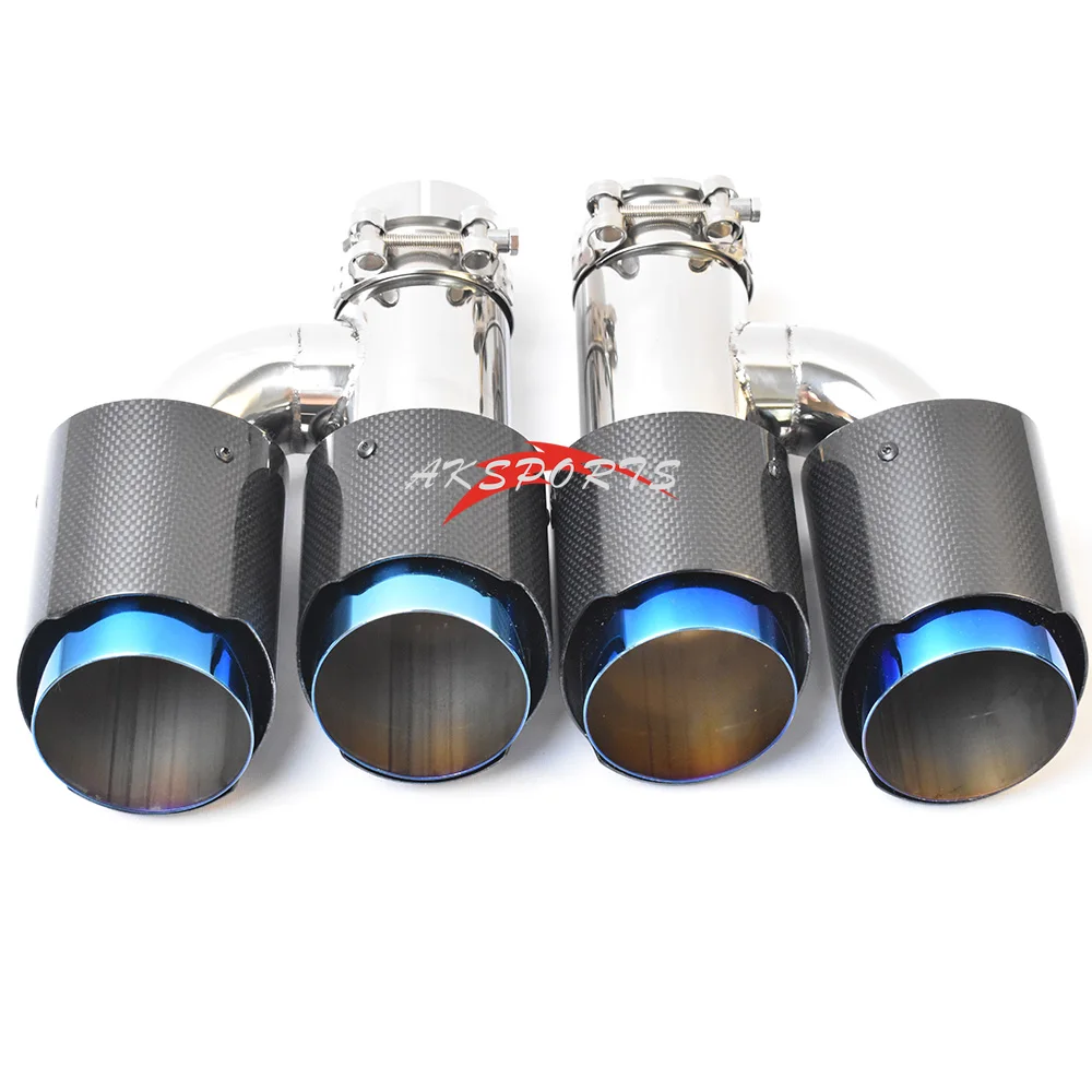 2PCS H Style Dual Glossy Carbon Fiber Stainless Steel Burnt Blue  Exhaust Pipe Universal Auto Tip Double Muffler Tip