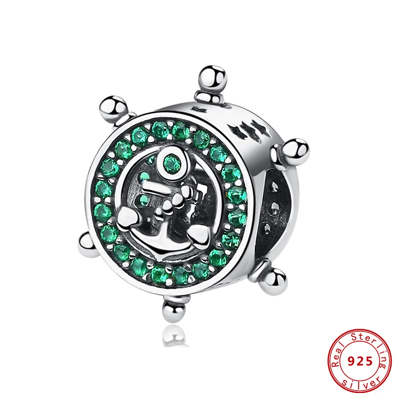 

New Original 925 Sterling Silver Beads Travel Anchor Rudder Charm Green Stone Fit Pandora Bracelets Women DIY Jewelry Dropship