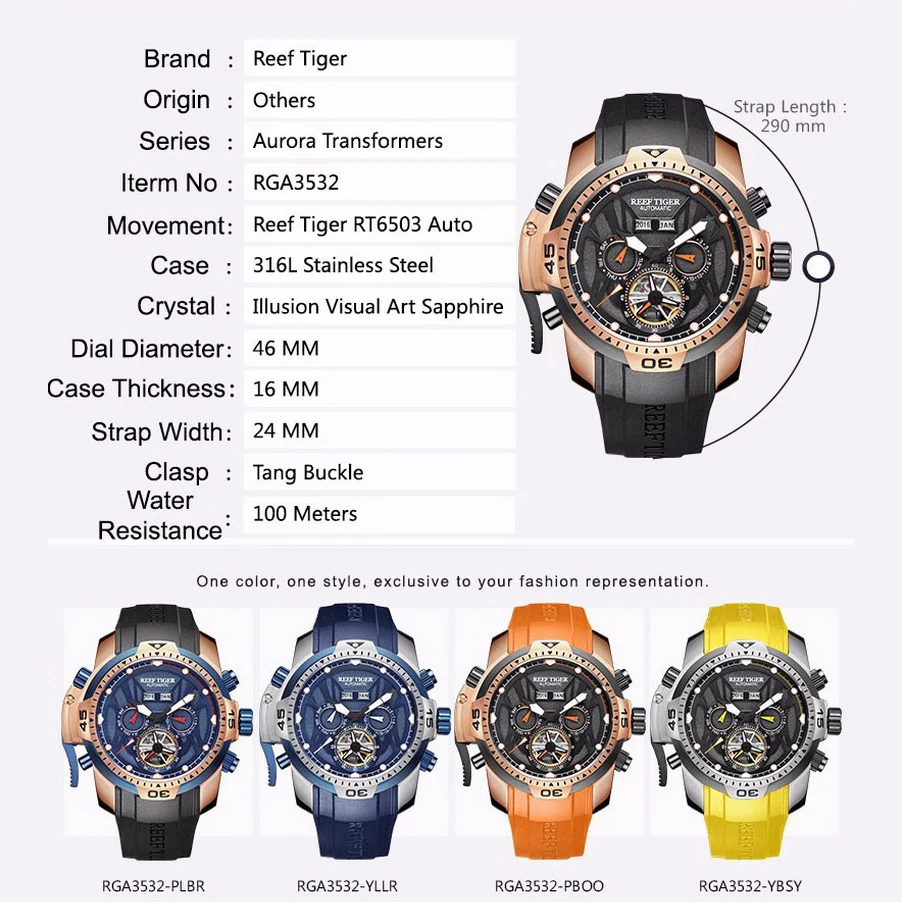 Reef Tiger Men Automatic Watch Luxury Mens Wrist Watches Mechanical Wristwatch Sport 100M Waterproof Switzerland Sapphire Mirror