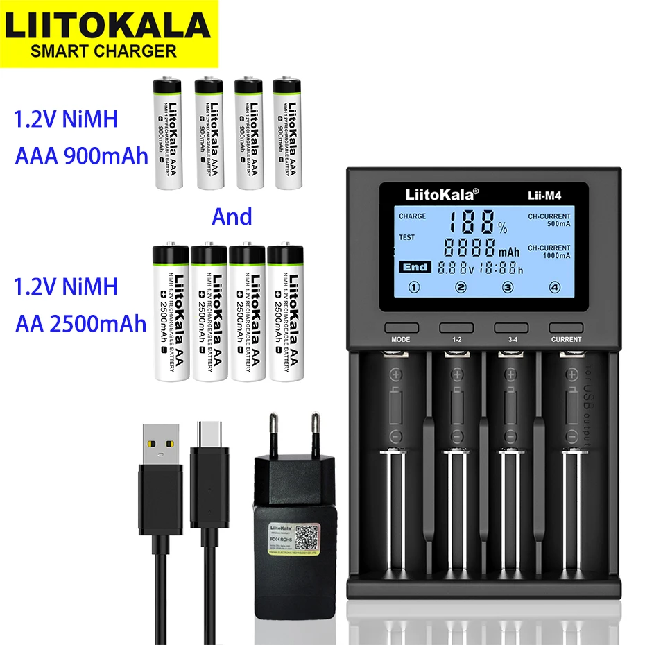 LiitoKala 1.2V AAA 900mAh AA 2500mAh Ni-MH Rechargeable Battery with Lii-M4 Charger suitable charging and test battery capacity