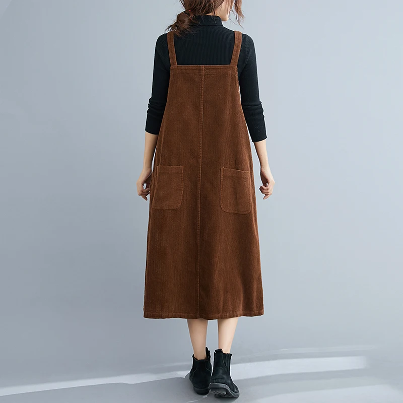 Autumn Winter Corduroy Overalls Dresses Artsy Elegant Office Ladies Mid-Length Pocket Simple Solid Color Pleated Suspender Dress