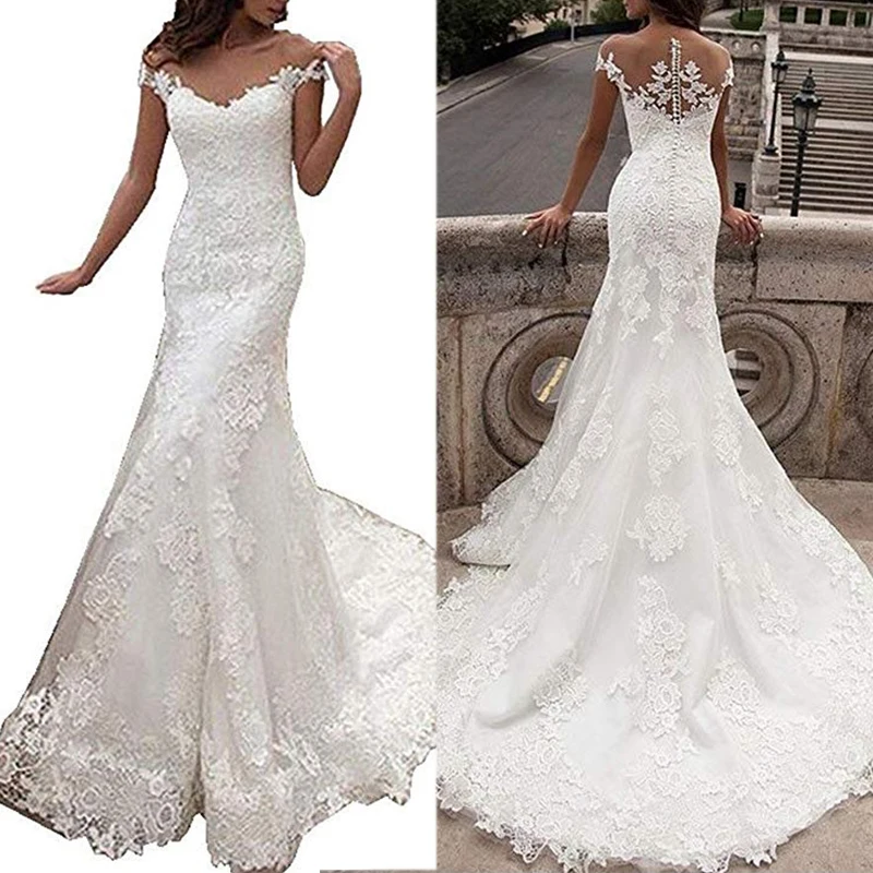 Lace Wedding Dresses Long Sweet Elegant Bride Floor Length Applique Sexy Embroidery Wedding Dresses