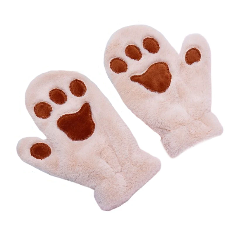 

Women Winter Keep Warm Plus Velvet Inside Thicken Full Finger Female Cute Lovely Coral Fleece Bear Paw Mittens Gloves