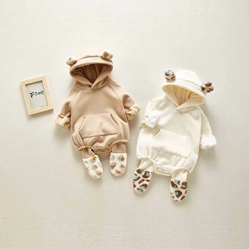 MILANCEL Winter Baby Clothes Thicken Lining Newborn Bodysuit Solid Casual Toddler One Piece Hoodie Infant Clothing