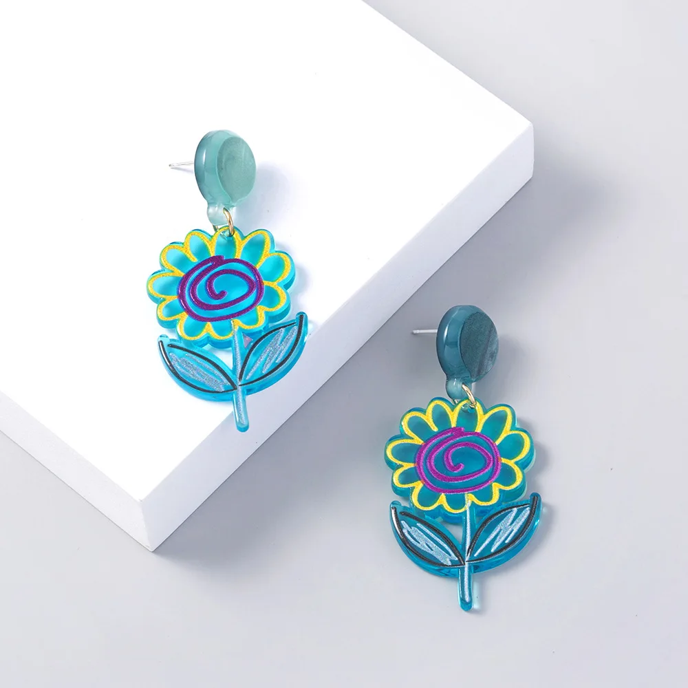 The New Cute Personality Blue Summer Fashion Doodle Color Sun Flower Acrylic Earrings Gifts for Women