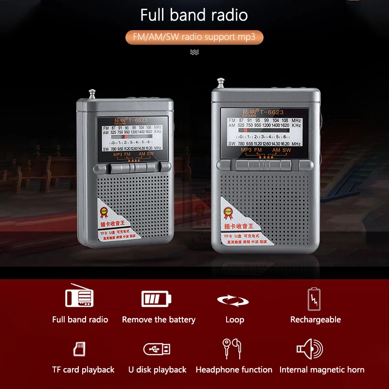 Full Band Radio FM AM SW World Band Mini Radio with LED Display Buckle Support TF Card Headphone Jack Universal Radio Receiver