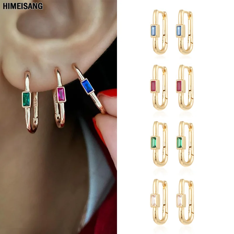 Silver Gold Irregular Piercing Ear Rings Hoop Earrings for Women Green Rectangle CZ Zircon Earings Jewelry Accessories Wholesale