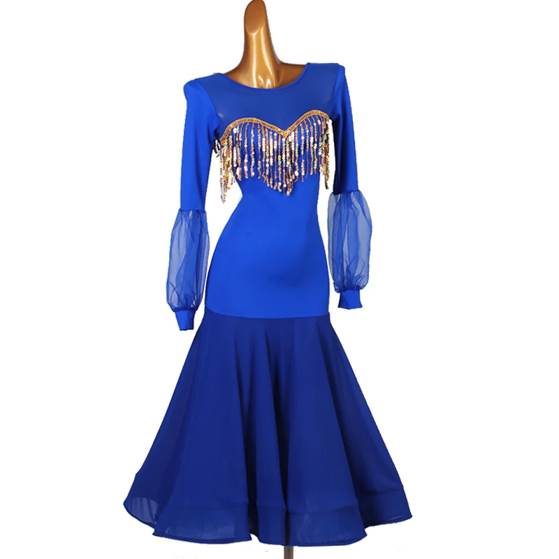 

Ballroom Dance Dresses Girls Long Sleeve Blue Tango Waltz Dancing Skirt Women Ballroom Dance Competition latin dance Dress