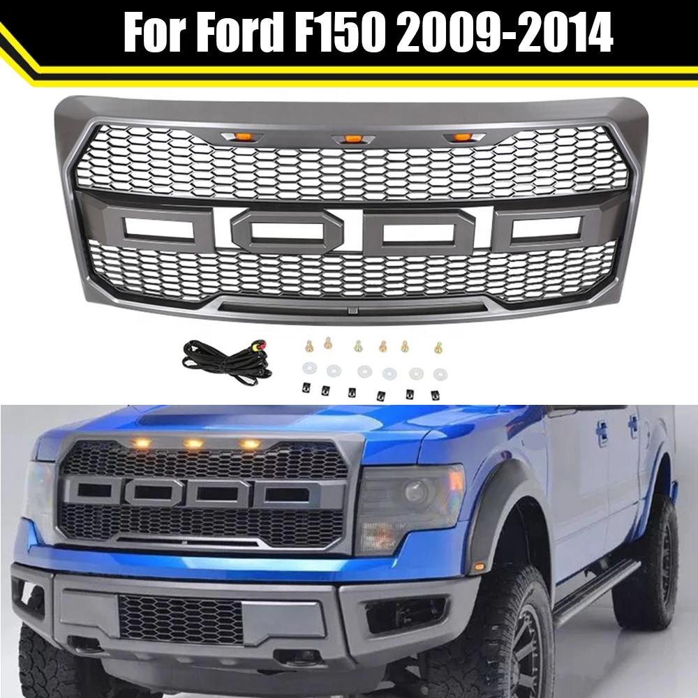 

W/LED Light F-150 Front Bumper Raptor Grille Centre Panel Upper Grill 4X4 Offroad Modified Gray Grills For Ford F150 2009-2014