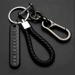 Anti-lost Car Keychain Phone Number Card Keyring Leather Bradied Rope Auto Vehicle Key Chain Holder Accessories Gift for Husband