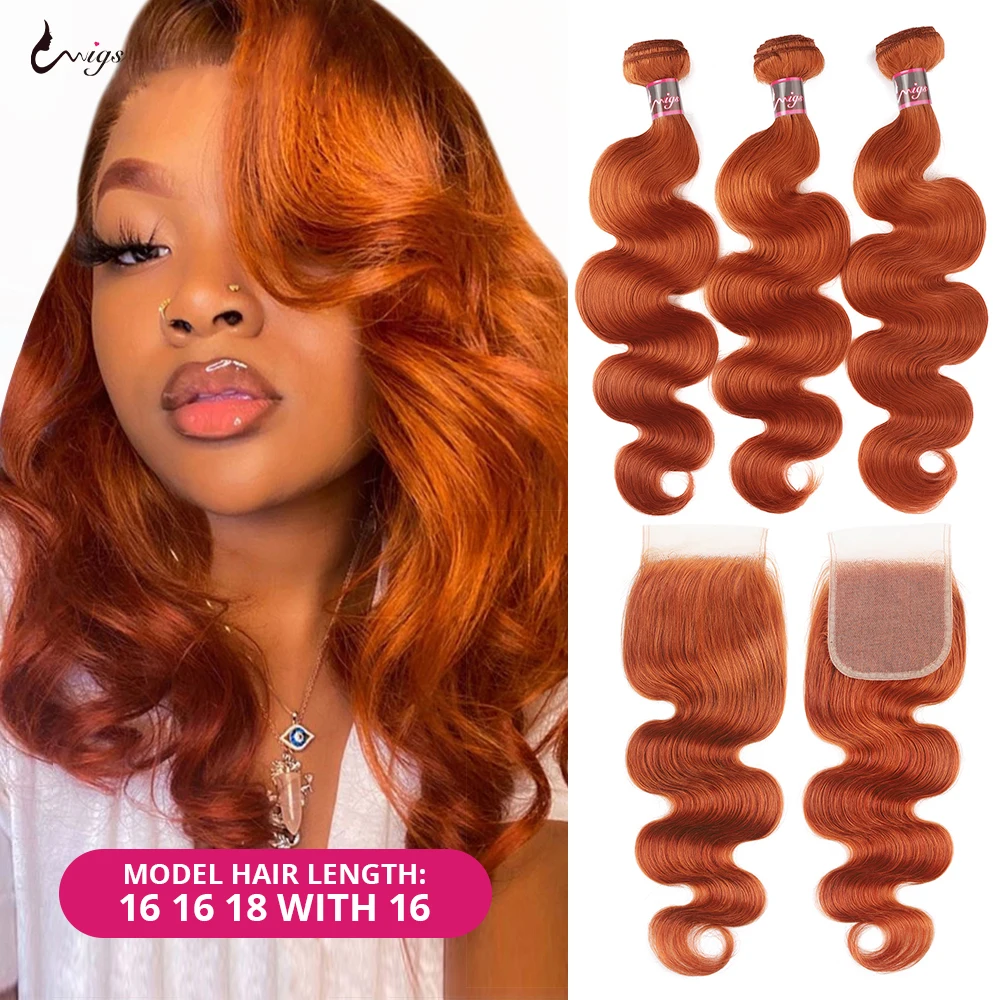 

Ginger Human Hair Bundles With Closure Colored Red Body Wave 3/4 Bundles With Closure Brazilian Hair Weave Bundles with Closure