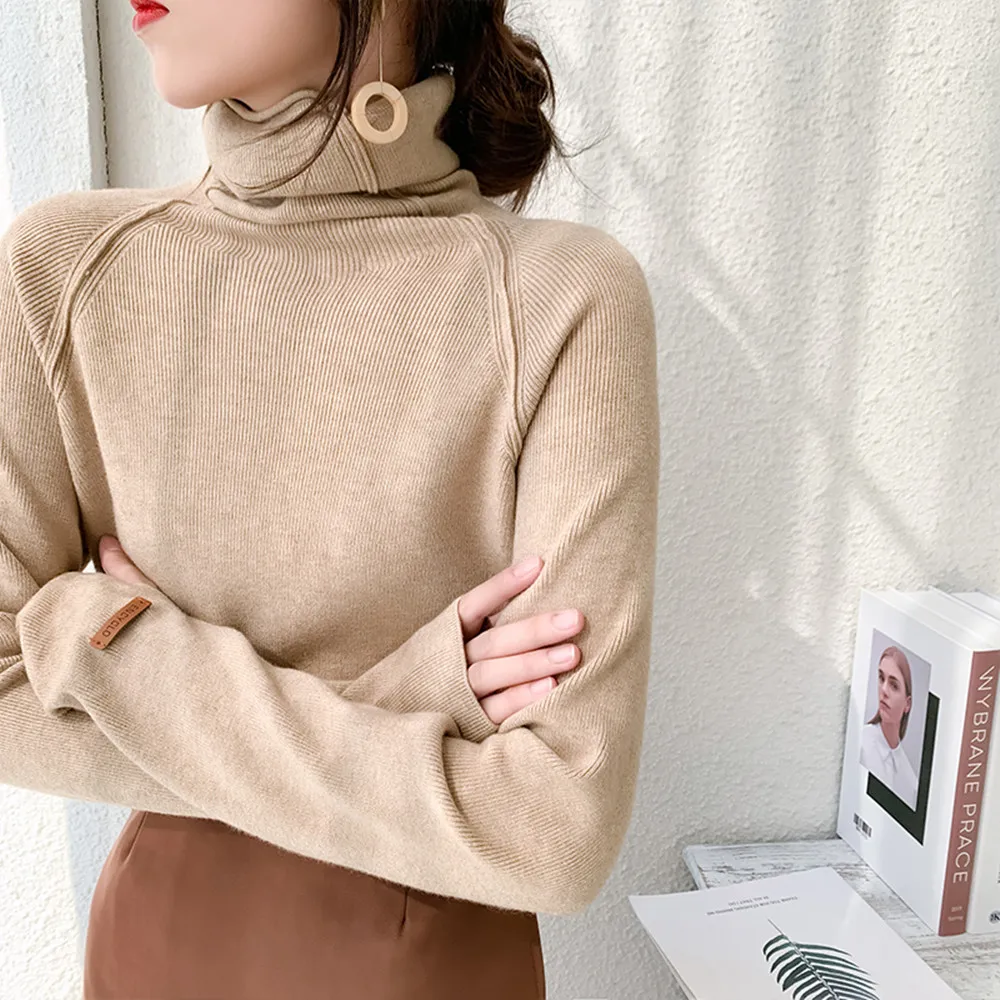 SMTHMA Turtlelneck Women  Autumn Winter Warm Knitted Jumper Rib High Quality Female Pullover Sweater Top