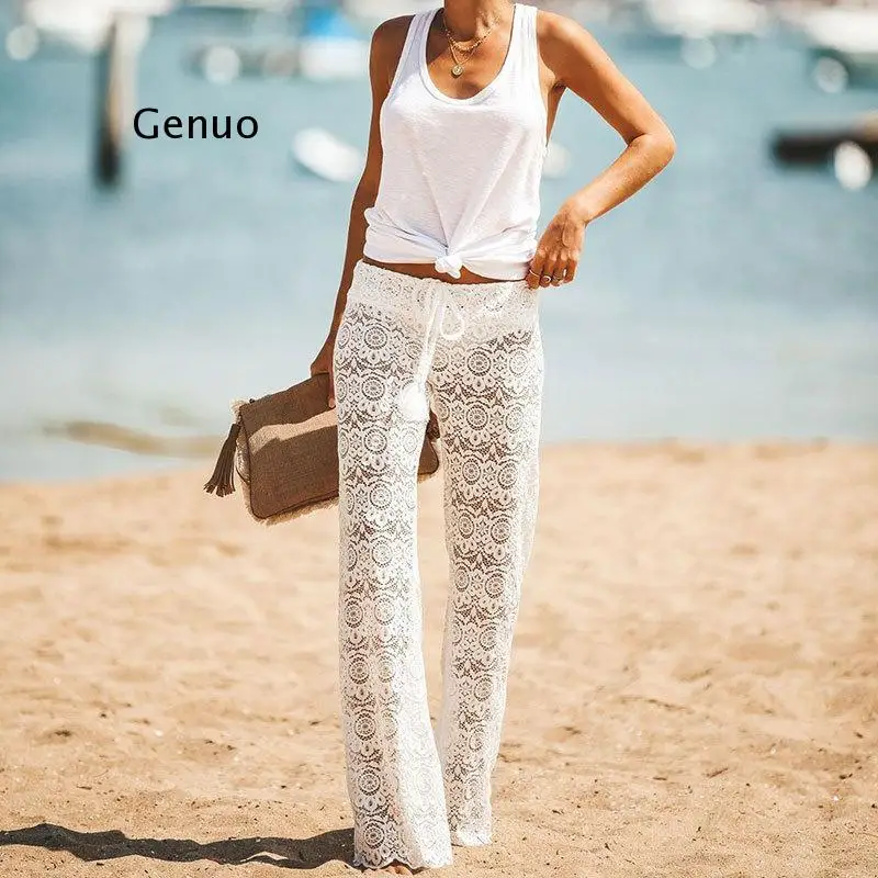 Brand New Womens Crochet Beach Wide Leg Pants See Through Swimwear Beach Long Trousers Cover-Ups Female Beach Summer Outfits