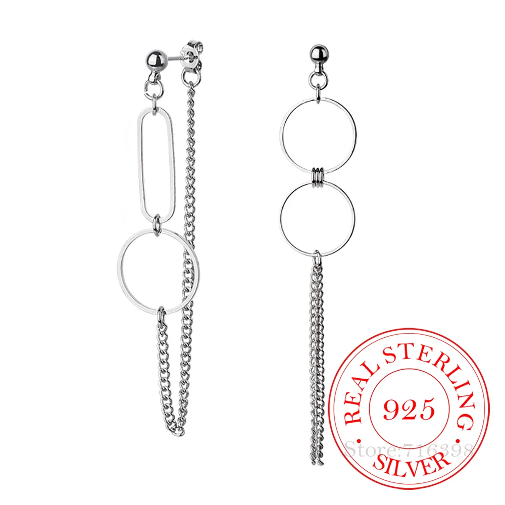 925 Sterling Silver Earrings Asymmetry Round Tassels Long Drop Earrings For Women Fashion Lady Sterling-silver-jewelry