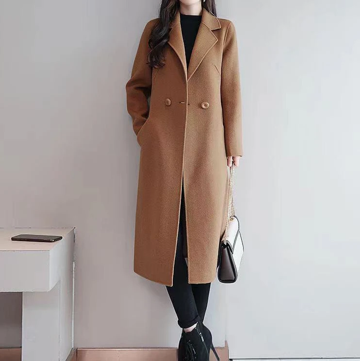 2021 new Korean version of pure color double-sided woolen woolen coat women's mid-length cashmere thick coat  winter clothes