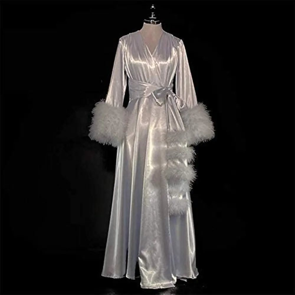 Ladies Siliver Dressing Gown Elastic Silk Satin Feather Bridal Robes Dessous Fotografie Bridal Maternity Photo Shoot Bathrobe