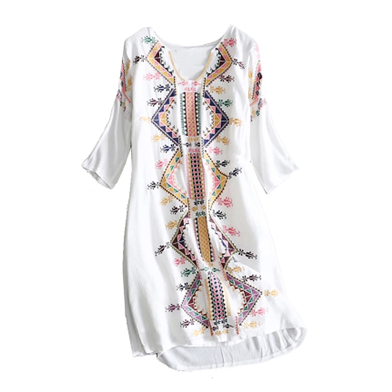 TEELYNN mini abiti per le donne rayon bianco etnico Del Ricamo di estate Del vestito con scollo a v abiti boho gypsy Hippie vestito delle donne abiti