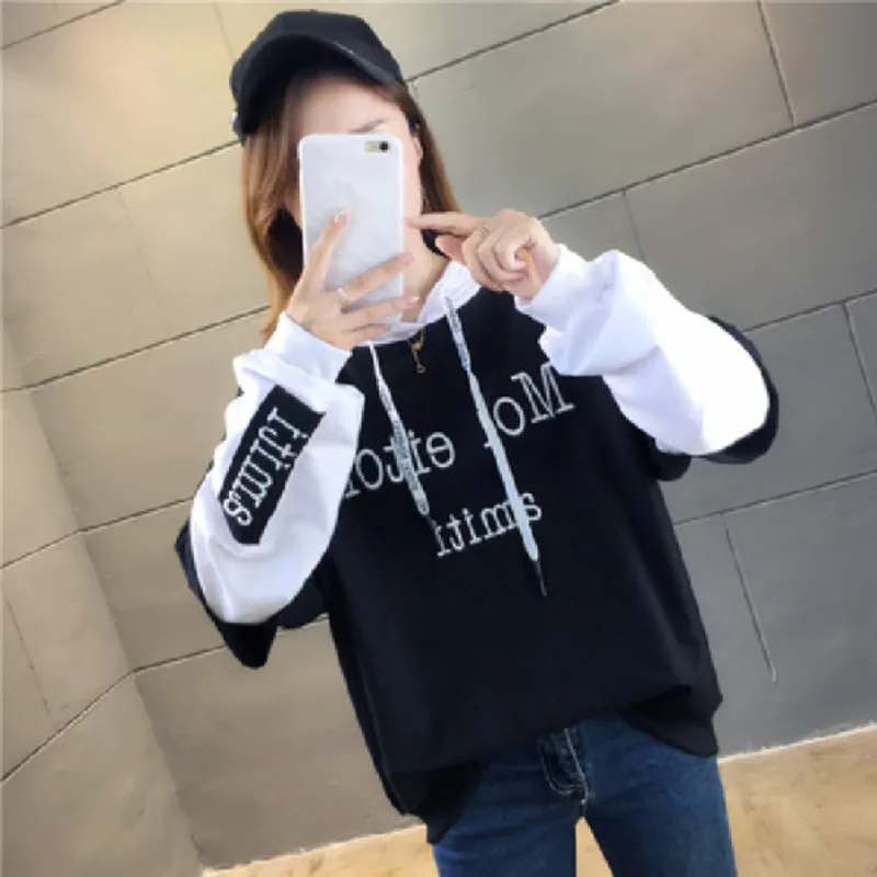 

Women Loose Sweatshirt Korean Style Letter Print Casual Harajuku Hoodies Cotton Tops Female Embroidered Hooded Pullover Winter