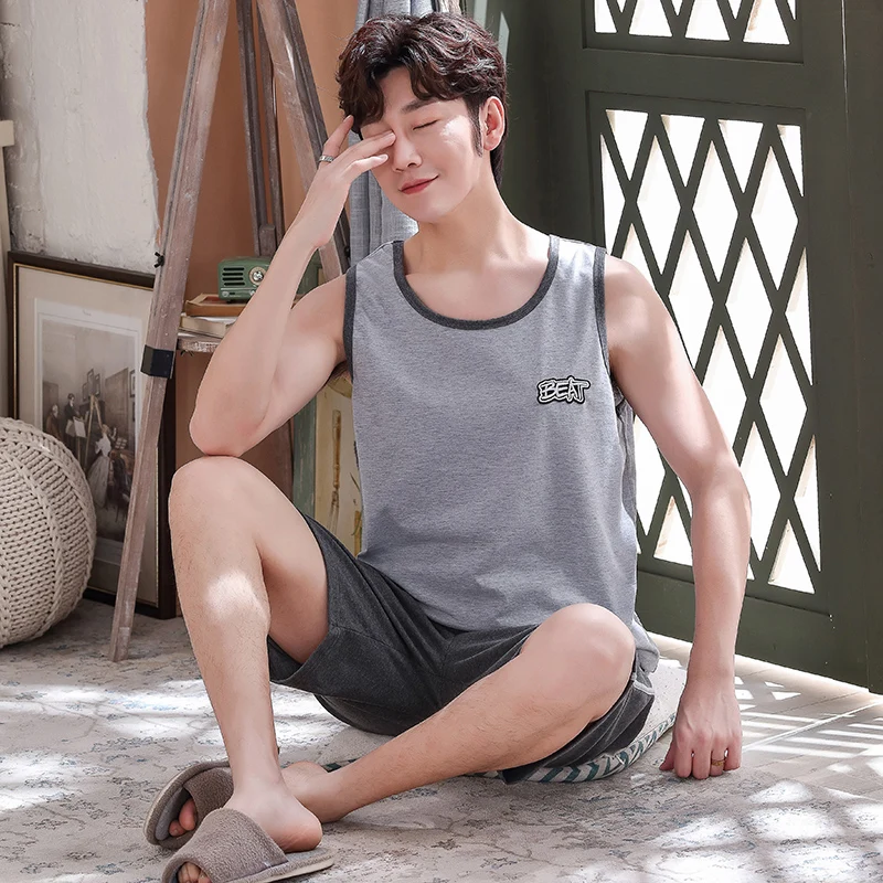 Summer Men Full Pure Cotton Pajamas Sleeveless Male Pajama Set Men Sleepwear Suit Casual Vest Homewear Clothing Nightwear L-4XL