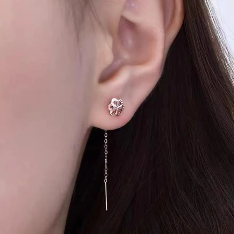 Classic 100% 18K Gold Plum Bossom Earrings Line Women Jewelry Rose Gold AU750 Simple Flower Pendant Earrings Birthday Gift