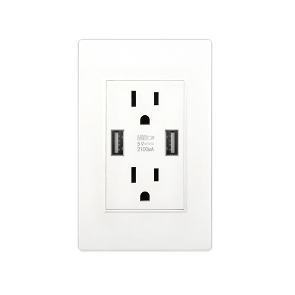 

5V 2.1A US Standard Dual Usb Wall Socket High-speed 2 USB Devices Wall Chager 118mm*76mm White PC Flame Retardant Panel Sockets