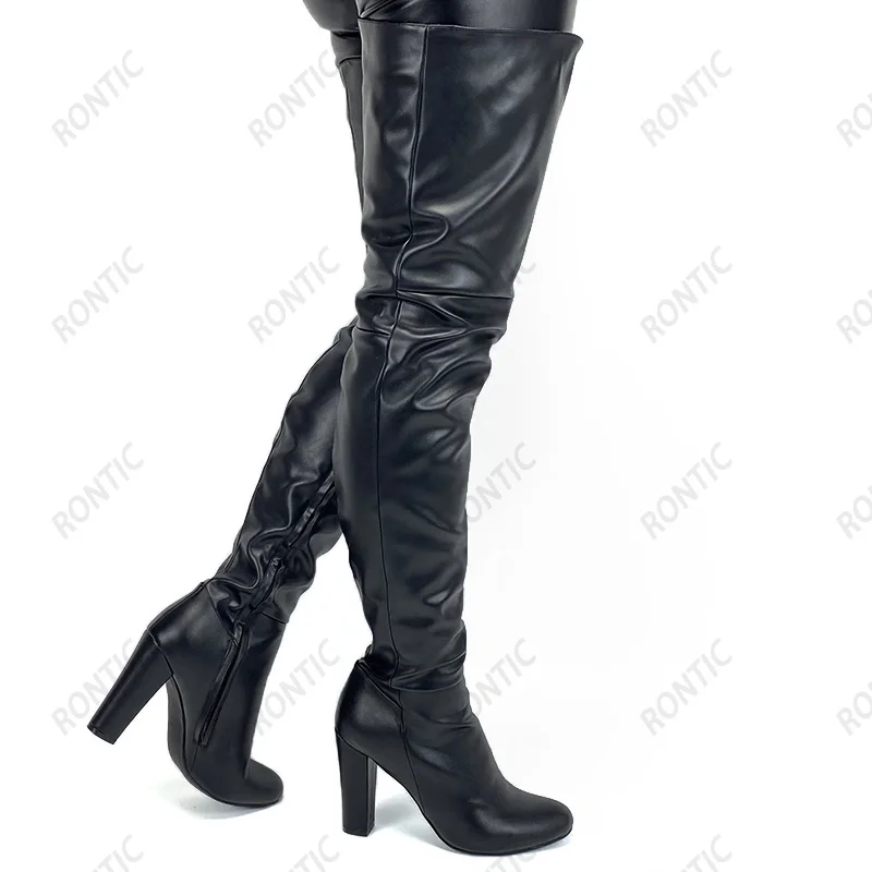Rontic Handmade Women Winter Thigh Boots Unisex Side Zipper Block Heels Round Toe Elegant Black Casual Shoes US Size 5-20