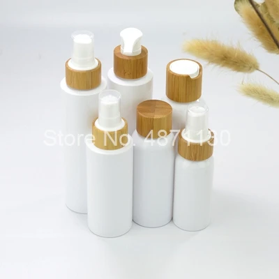 60ml 100ml 150ml bamboo flip cap white PE press emulsion bottle,lotion bottle with bamboo emulsion pump head shampoo/body wash