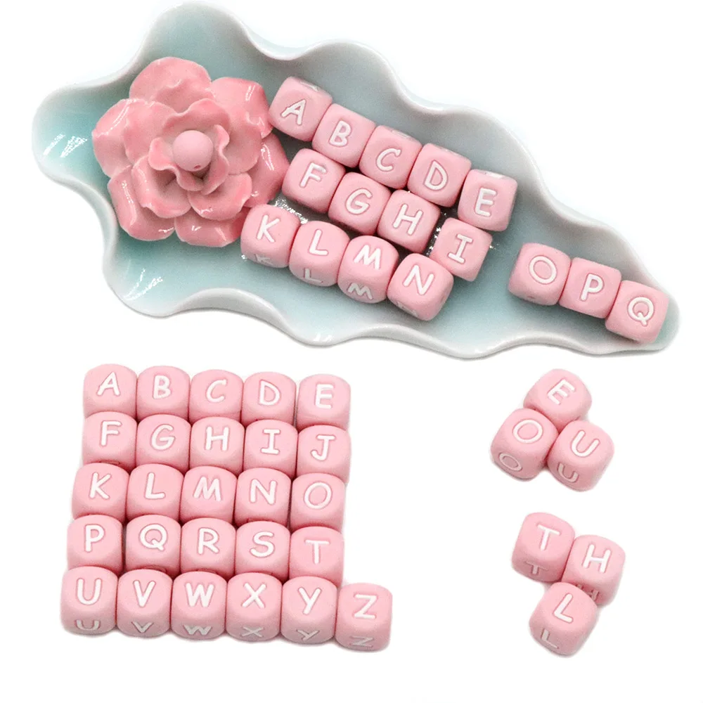 Joepada – collier de dentition en Silicone rose pour bébé, perles avec lettres, accessoires de qualité alimentaire, Alphabet, anneau de dentition, 100 pièces