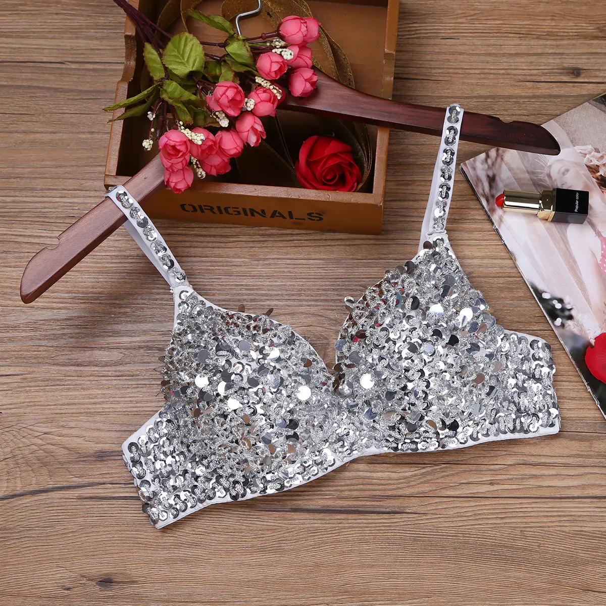 Women Shiny Sequins Beading Padded Bra Tops Festival Rave Stage Performance Club Wear Belly Dance Bra Costume Adjustable Straps