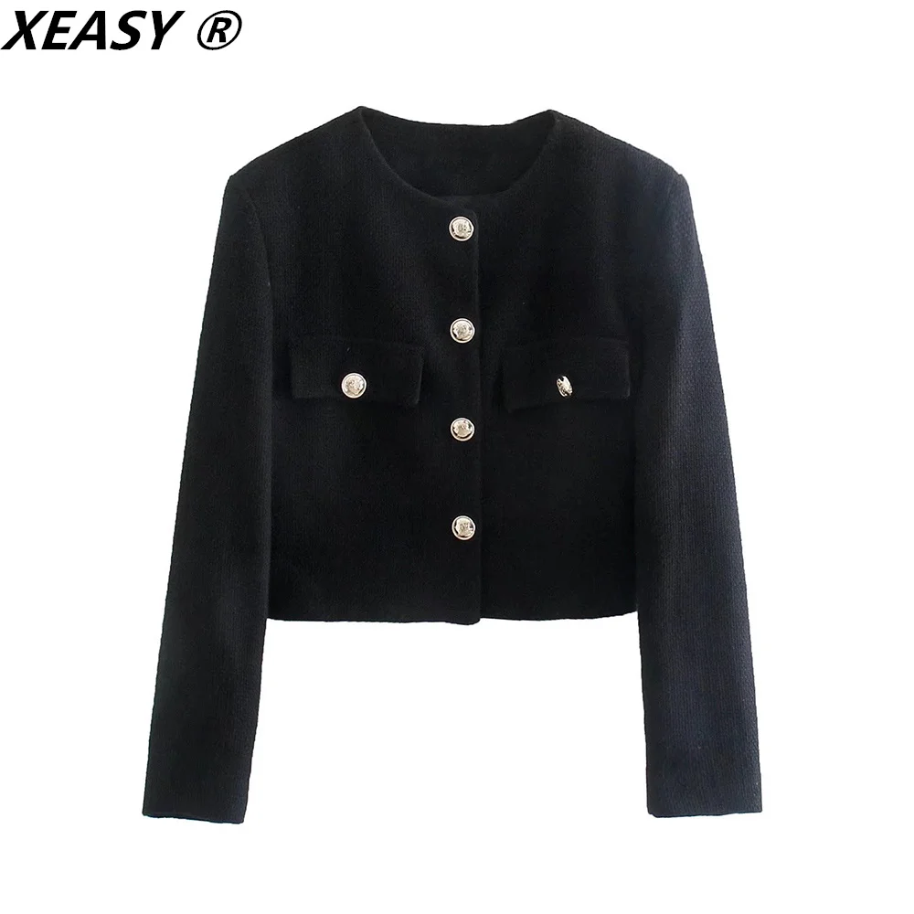 XEASY – ensemble veste en Tweed pour femme, ensemble deux pièces, jupe, mode femme, noir, simple boutonnage, taille haute, automne 2021