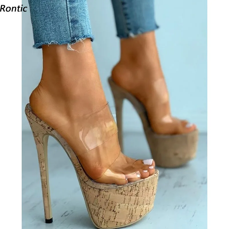 Rontic New Arrival Women Mules Sandals PVC Sexy Stiletto Heels Peep Toe Pretty Transparent Casual Shoes US Size 5-20