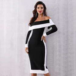 Wholesale Women's Black White Stitching Long Sleeve Slash Neck Mid-Length Sexy Evening Celebrity Cocktail Party Bandage Dress