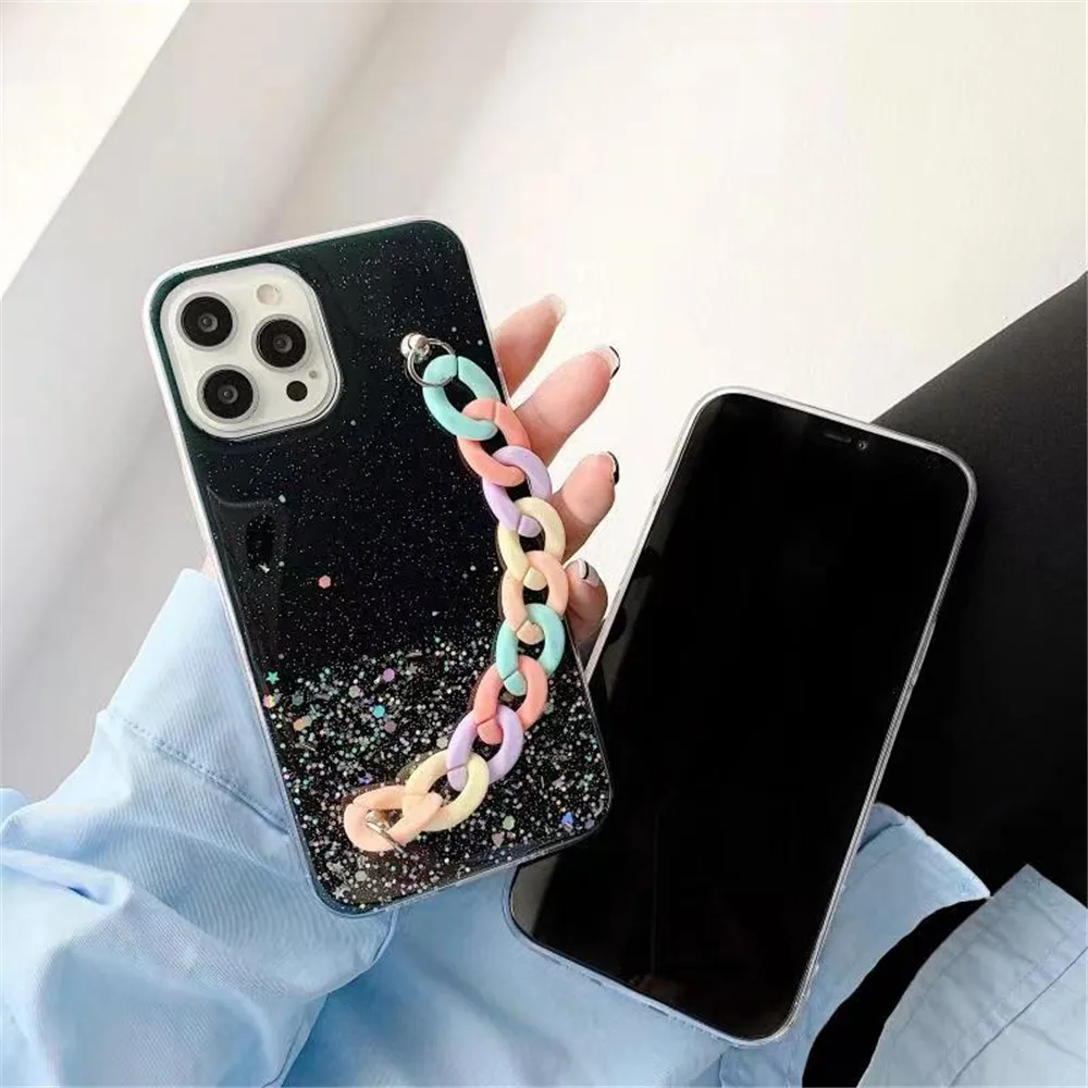 Glitter Korean Style Bracelet Case For Xiaomi Redmi Note 10 9 9S 8T 8 7 6 Pro 7A 8A 9A 9C Wristband Chain Soft Epoxy Back Cover