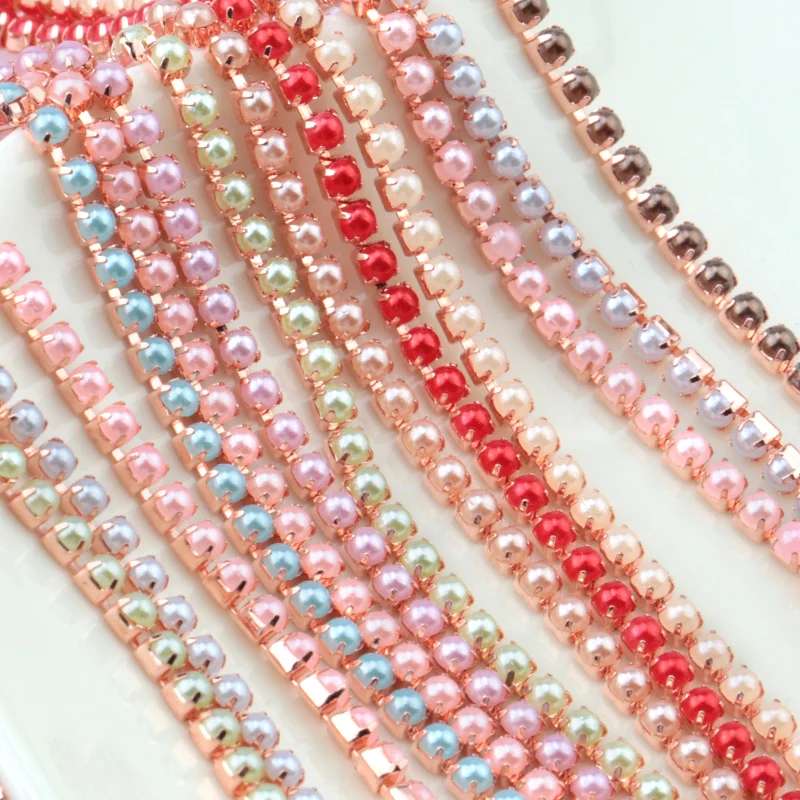 2Yard/10Yards Pearl Copper Rhinestone Chain Base Cup  Pearl Chain For Sewing DIY garment accessories trim  ABS SS6/2mm 9 Colors